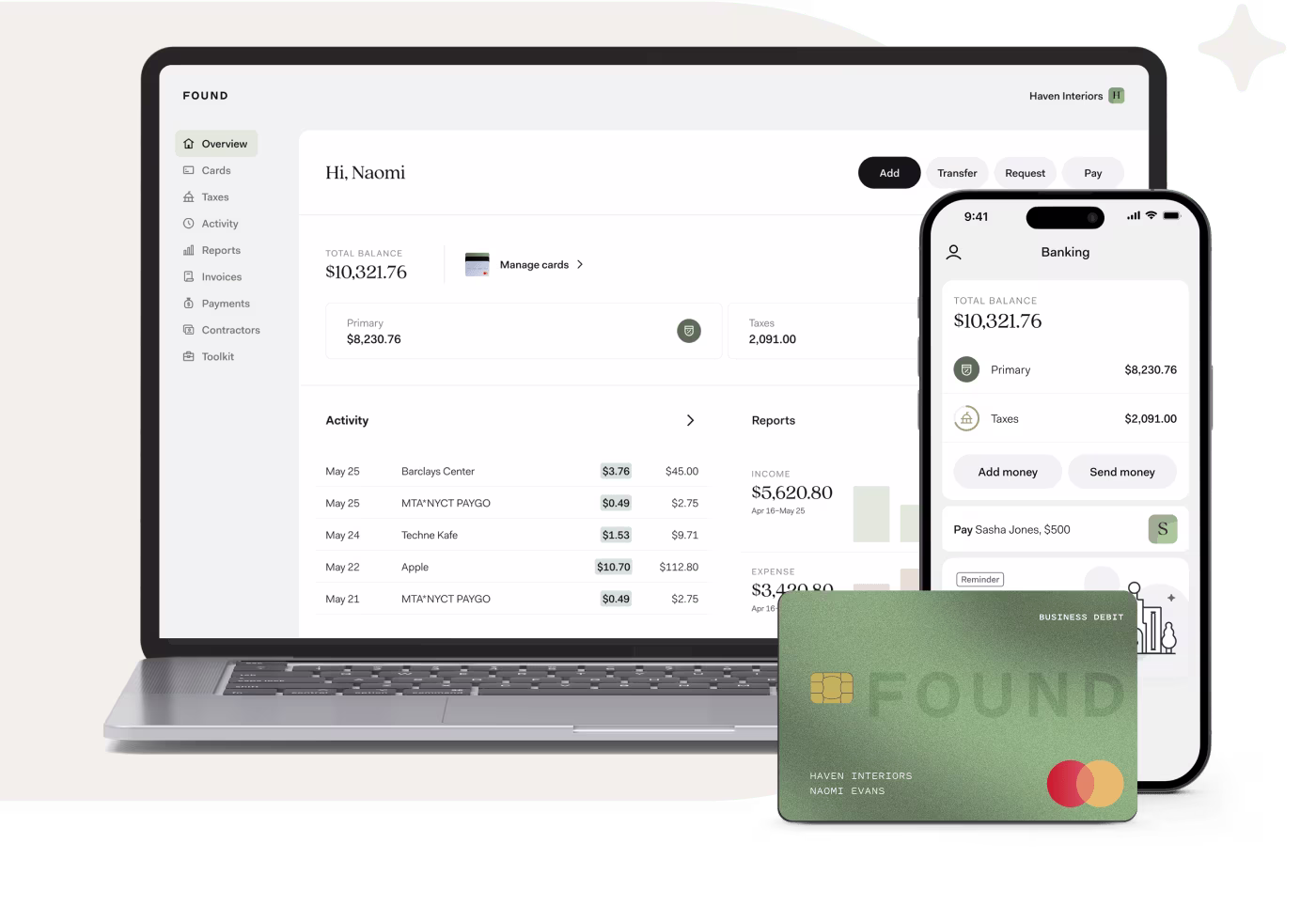 Found mobile app, desktop website, and debit card