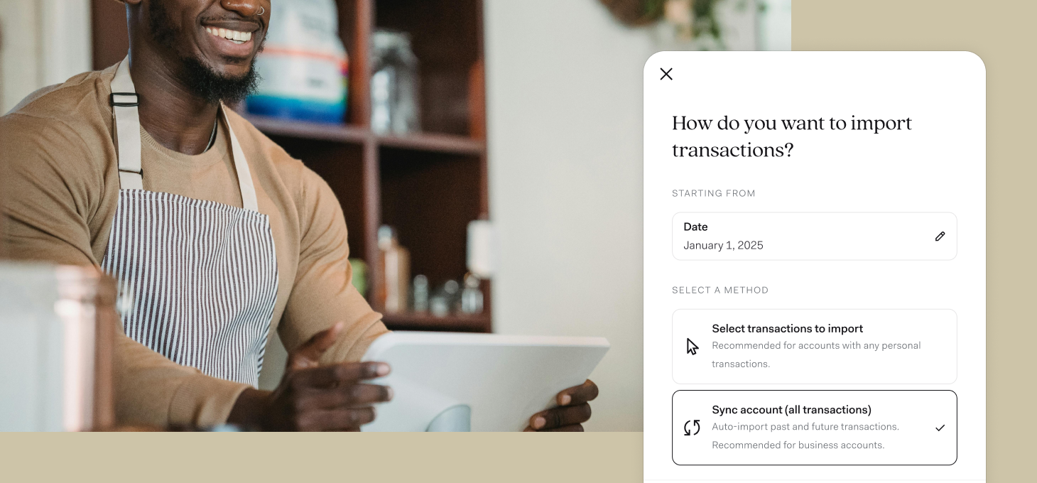 Desktop interface for importing bank transactions, with options to select transactions to import or to sync all transactions.