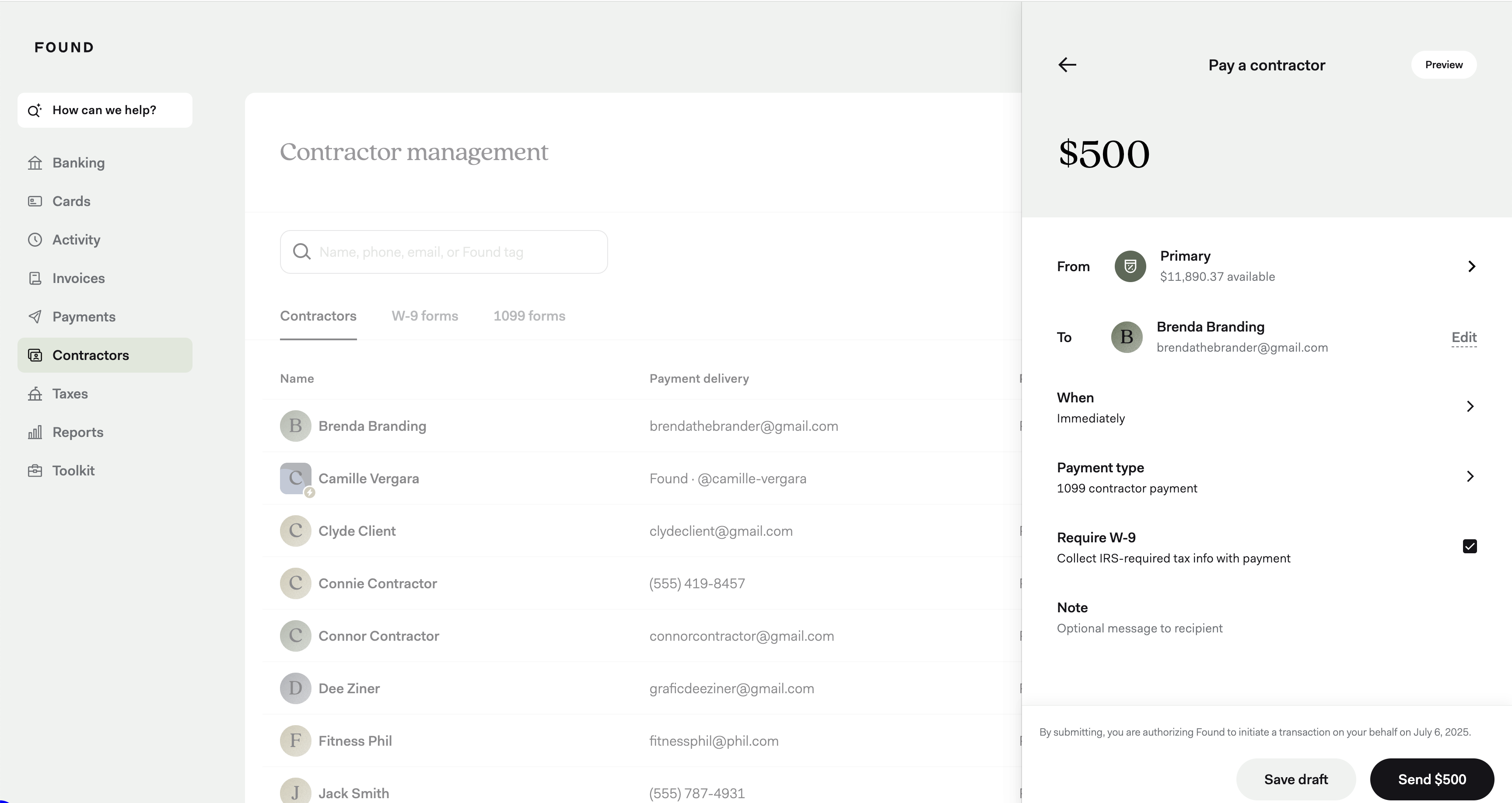 Screenshot of how to pay a contractor on Found