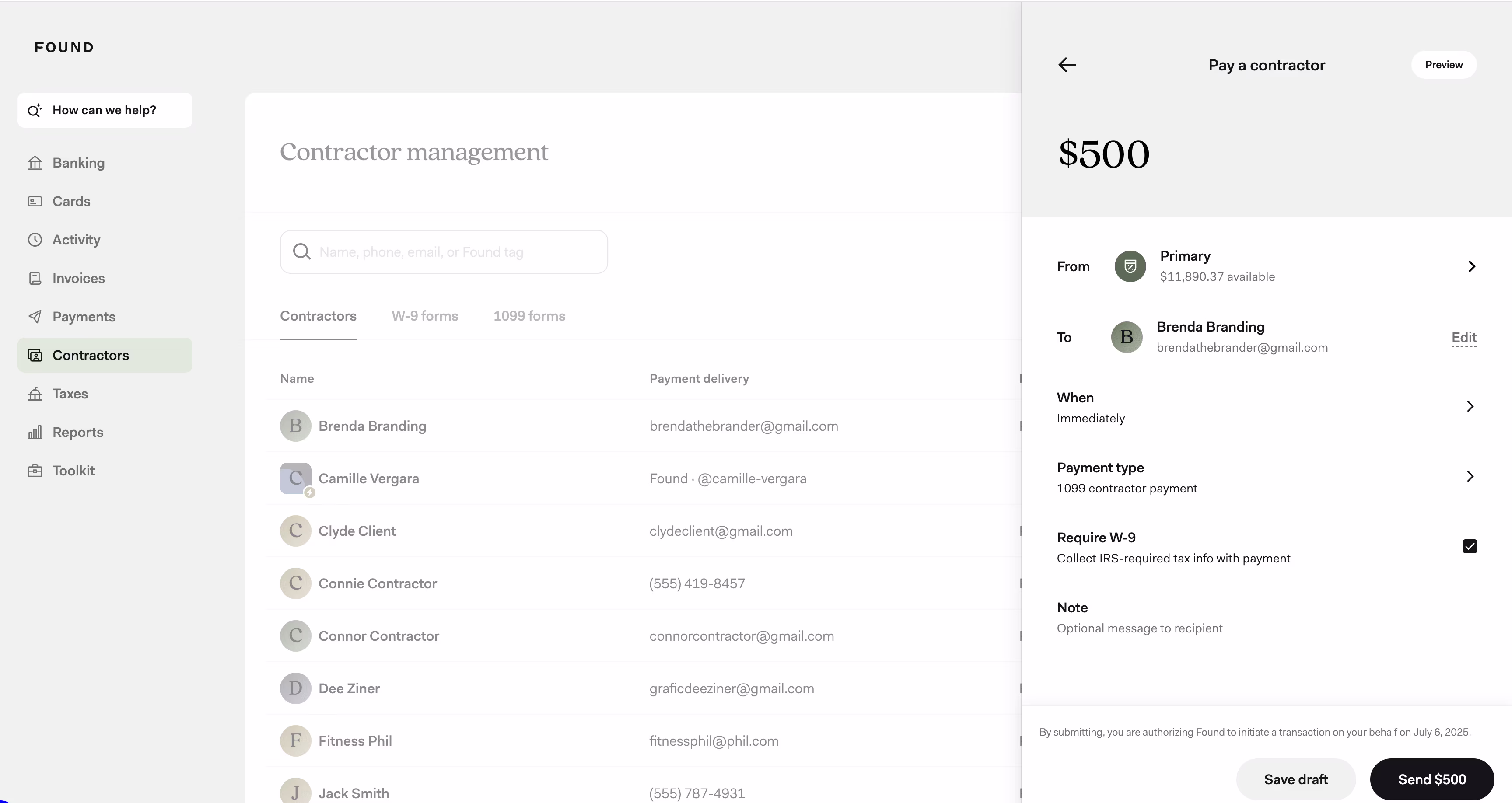 Screenshot of how to pay a contractor on Found