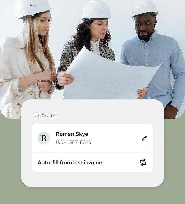 Mobile view of invoice auto-fill functionality highlighting recipient with pre-filled contact info.