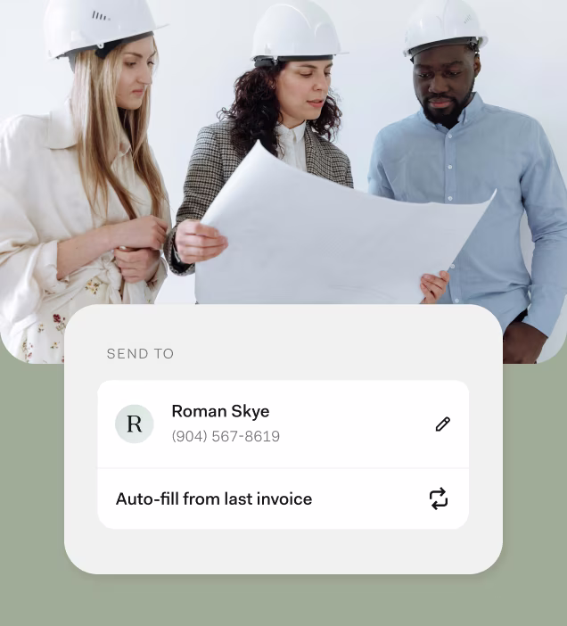 Mobile view of invoice auto-fill functionality highlighting recipient with pre-filled contact info.