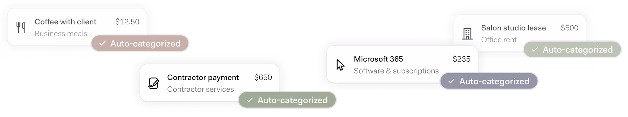 Auto-categorized expense notifications in the Found app, including transactions for business meals, contractor services, software subscriptions, and office rent.
