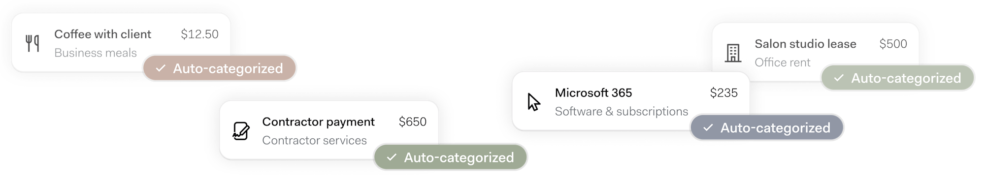 Auto-categorized expense notifications in the Found app, including transactions for business meals, contractor services, software subscriptions, and office rent.