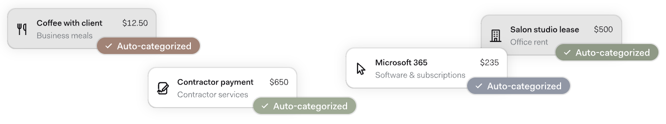 Auto-categorized expense notifications in the Found app, including transactions for business meals, contractor services, software subscriptions, and office rent.