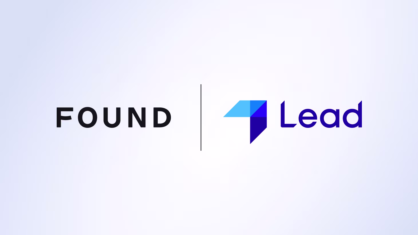 Logo featuring the word 'FOUND' in black sans-serif text on the left, separated by a vertical gray line from the Lead logo on the right, which consists of a geometric icon made of light blue and deep blue triangular shapes forming an abstract arrow or flag, followed by 'Lead' in blue text, all on a light blue-gray background.