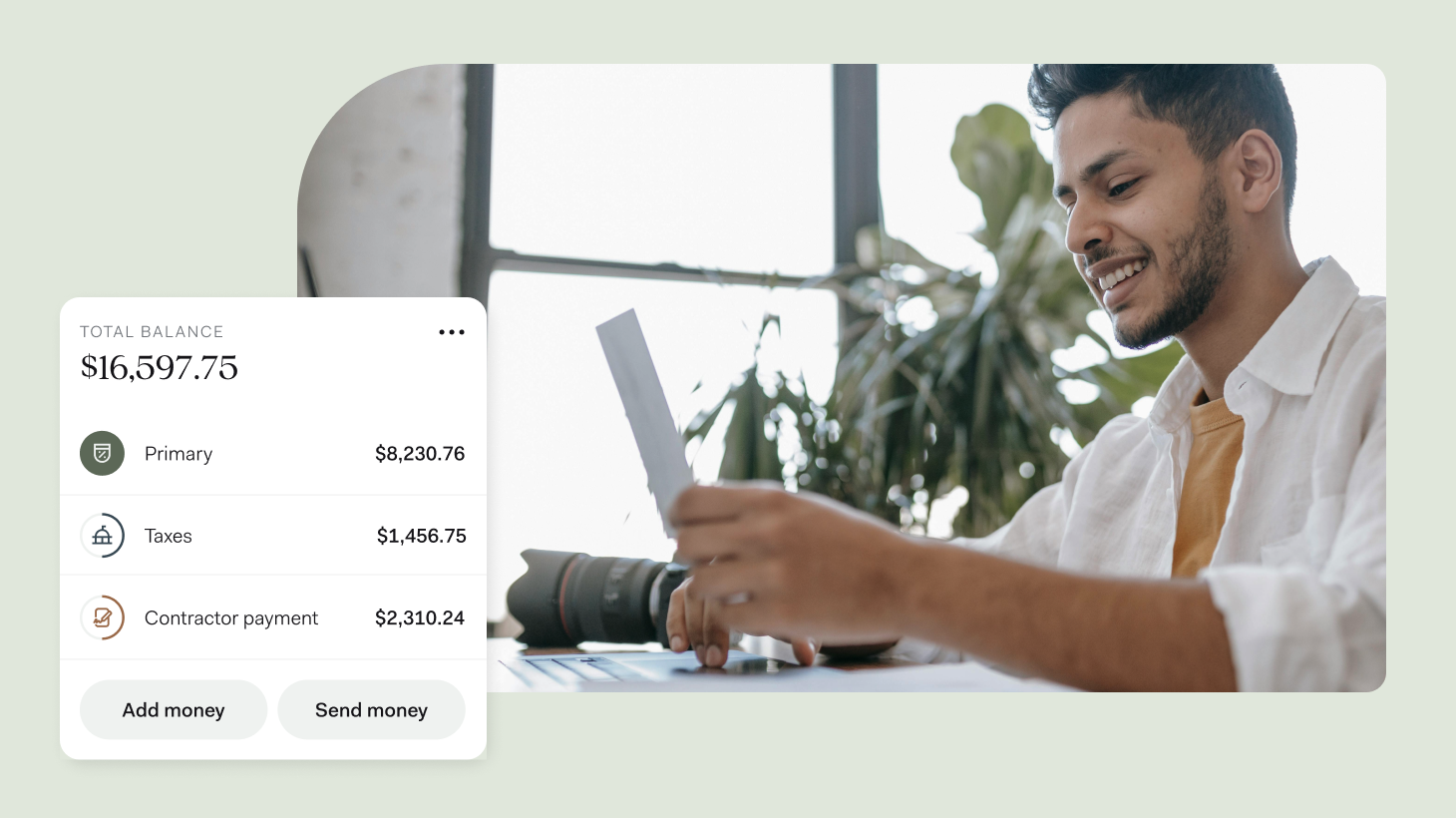 A man in a white shirt uses his smartphone while working on a laptop. A financial app interface is overlaid showing a total balance of $16,597.75 with account breakdowns and options to add or send money.