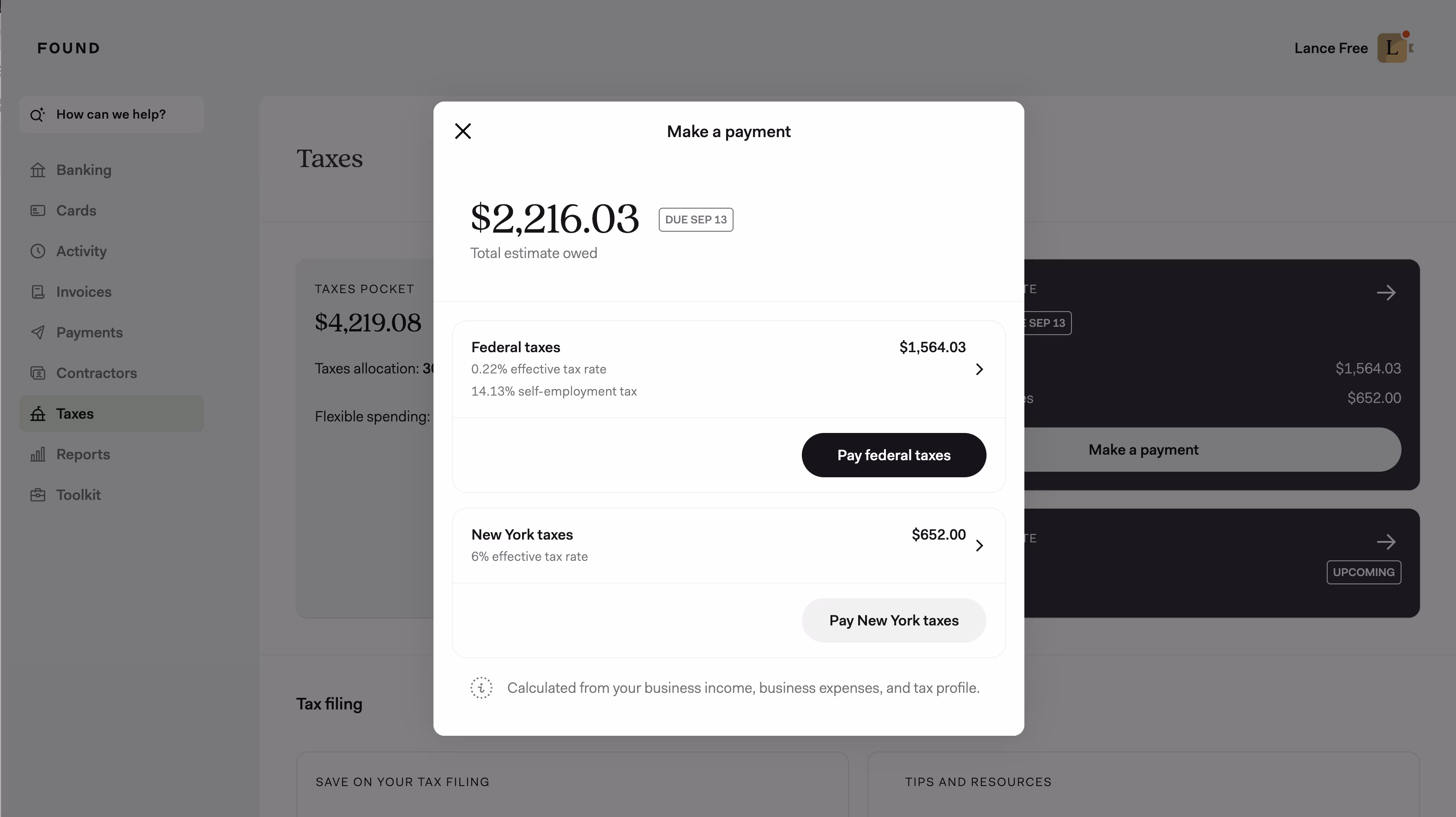 Desktop image of how to make estimated quarterly taxes in Found