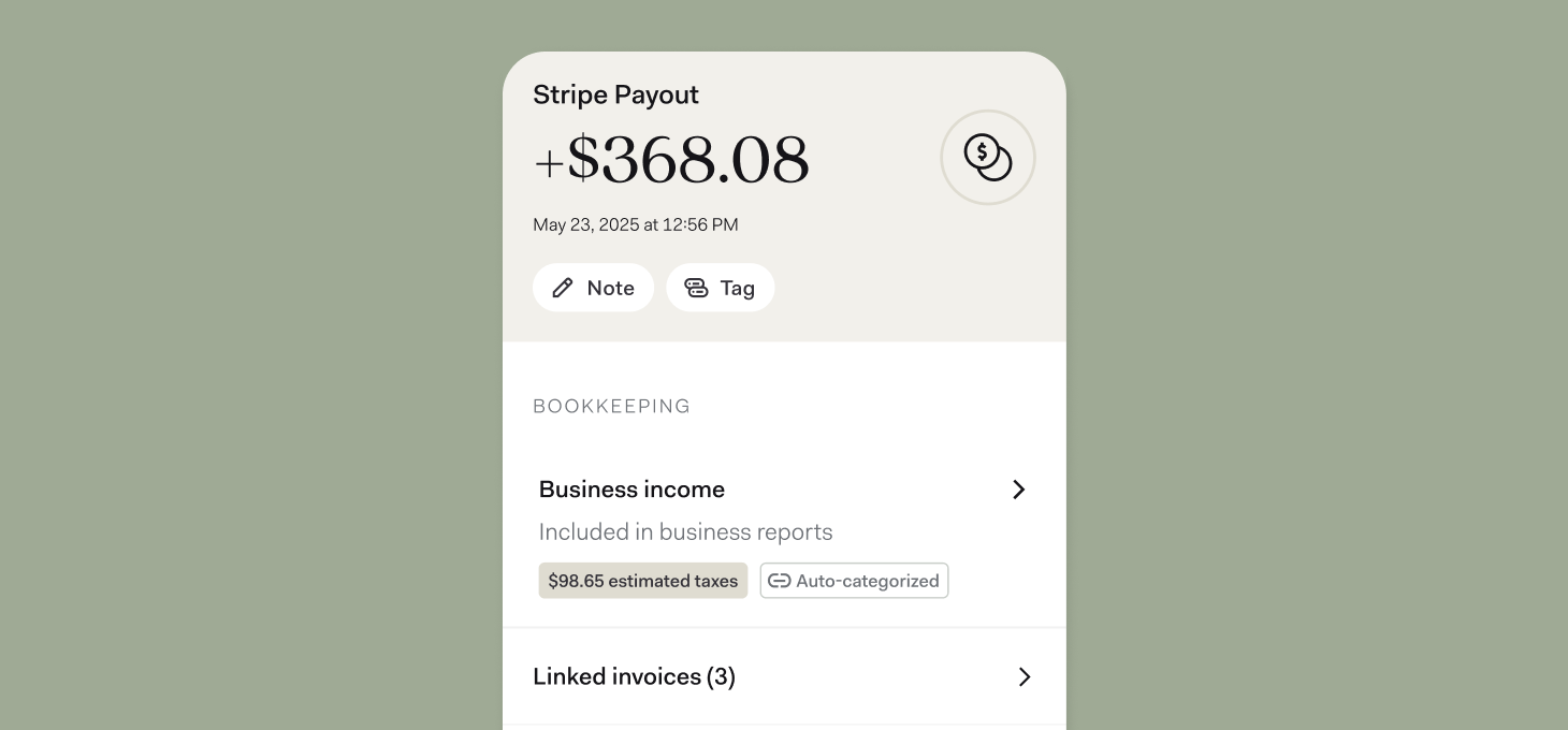 Desktop interface showing Stripe payout details, auto-categorized business income, and invoice bookkeeping summary.