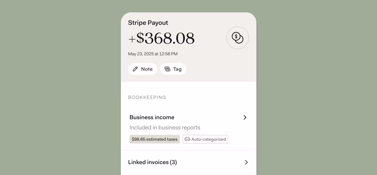 Desktop interface showing Stripe payout details, auto-categorized business income, and invoice bookkeeping summary.