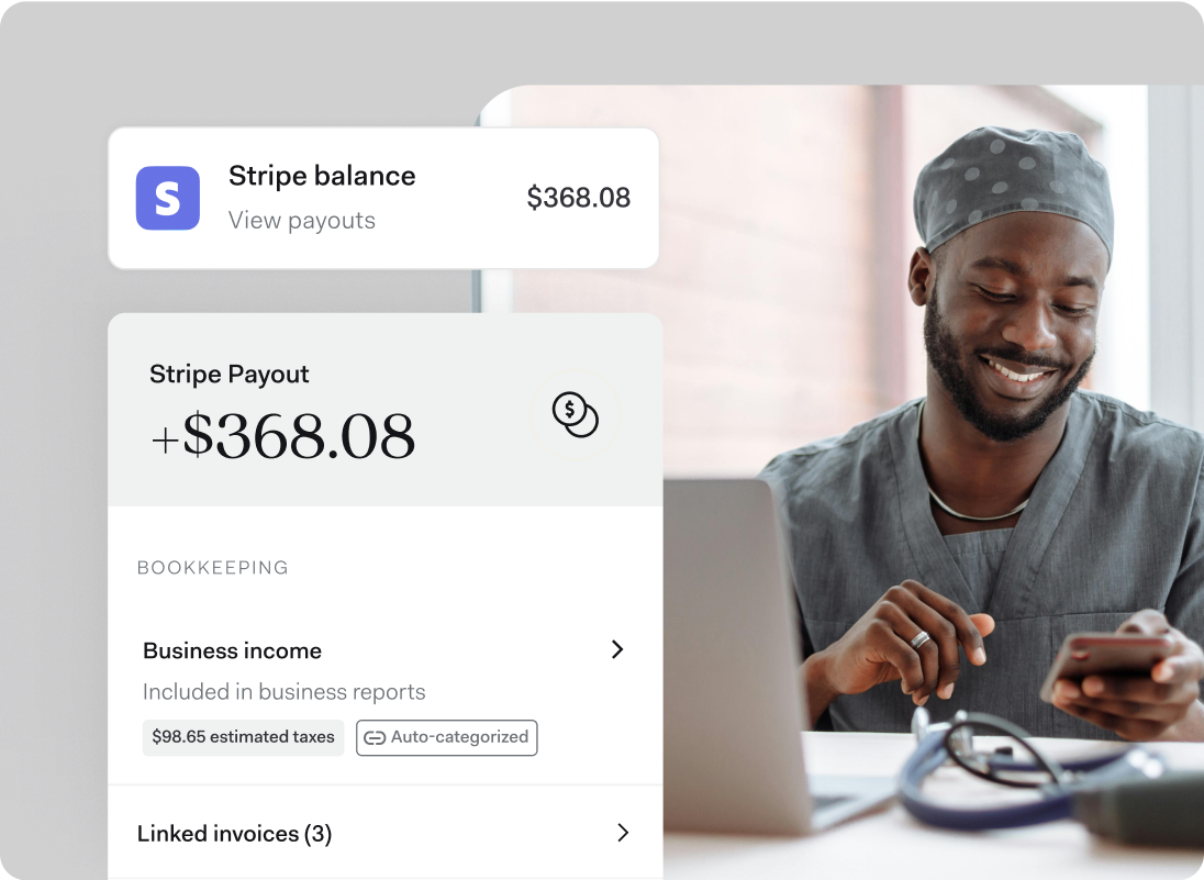 Healthcare professional smiling while checking a smartphone, with a screen overlay showing a Stripe payout of $368.08 categorized as business income, including estimated taxes and linked invoices.