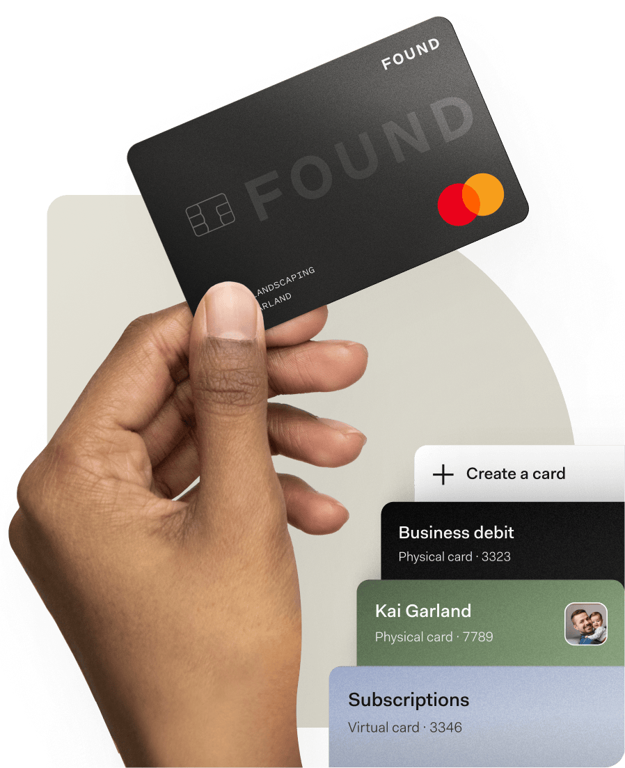 Found’s banking interface showing a user managing multiple cards, including a physical business debit card, a virtual card for subscriptions, and a physical card assigned to a team member.