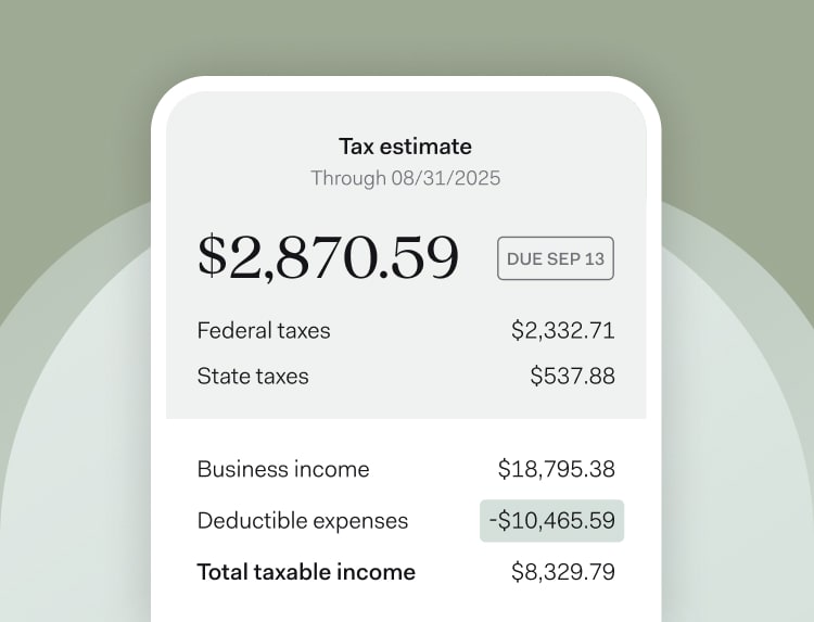 Screenshot of a tax estimate totaling $2,870.59, including federal and state tax amounts, business income, deductible expenses, and total taxable income for a selected tax estimate payment period.