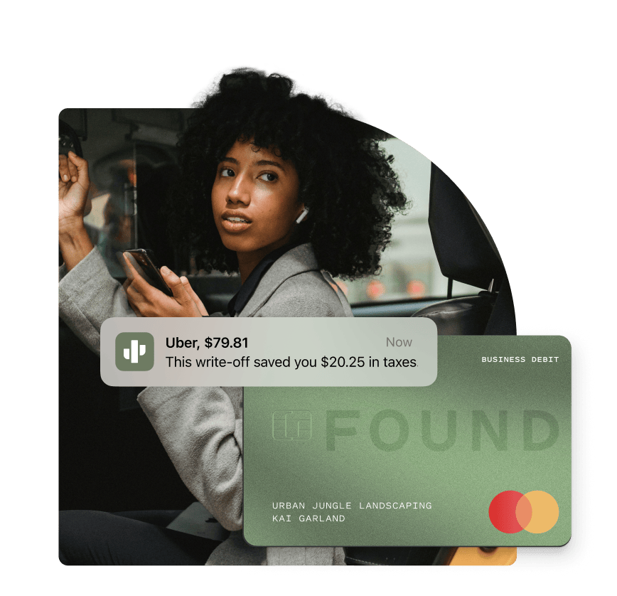 Woman riding in a car and checking her phone, with a notification overlay from Found indicating a $79.81 Uber expense saved $20.25 in taxes. A Found business debit card is also displayed.