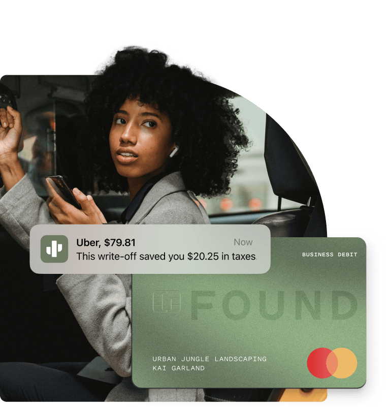 Woman riding in a car and checking her phone, with a notification overlay from Found indicating a $79.81 Uber expense saved $20.25 in taxes. A Found business debit card is also displayed.