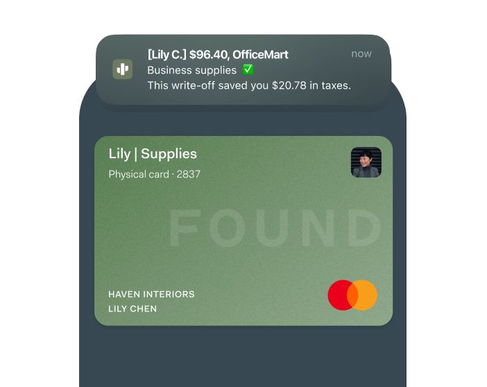 A Found card with a real-time alert for a business purchase from an assigned team card and the purchase's tax savings.