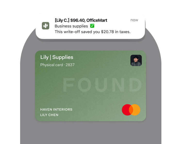 A Found card with a real-time alert for a business purchase from an assigned team card and the purchase's tax savings.