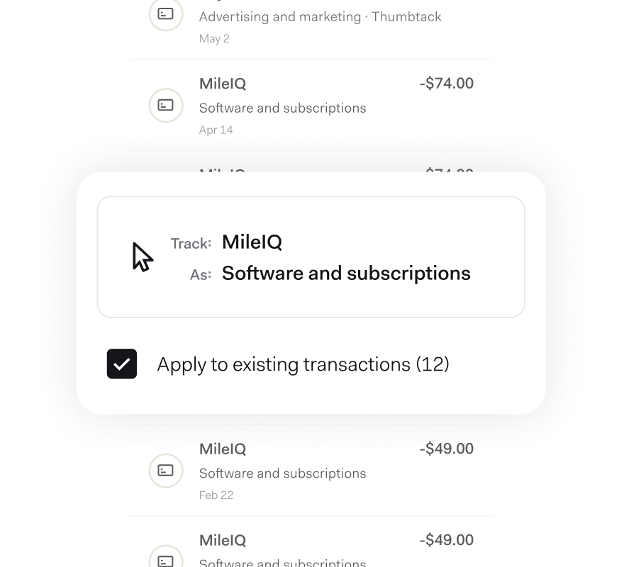 A Found app UI screen shows a smart categorization feature automatically tracking a MileIQ subscription as "Software and subscriptions," with an option to apply the category to 12 existing transactions at once.