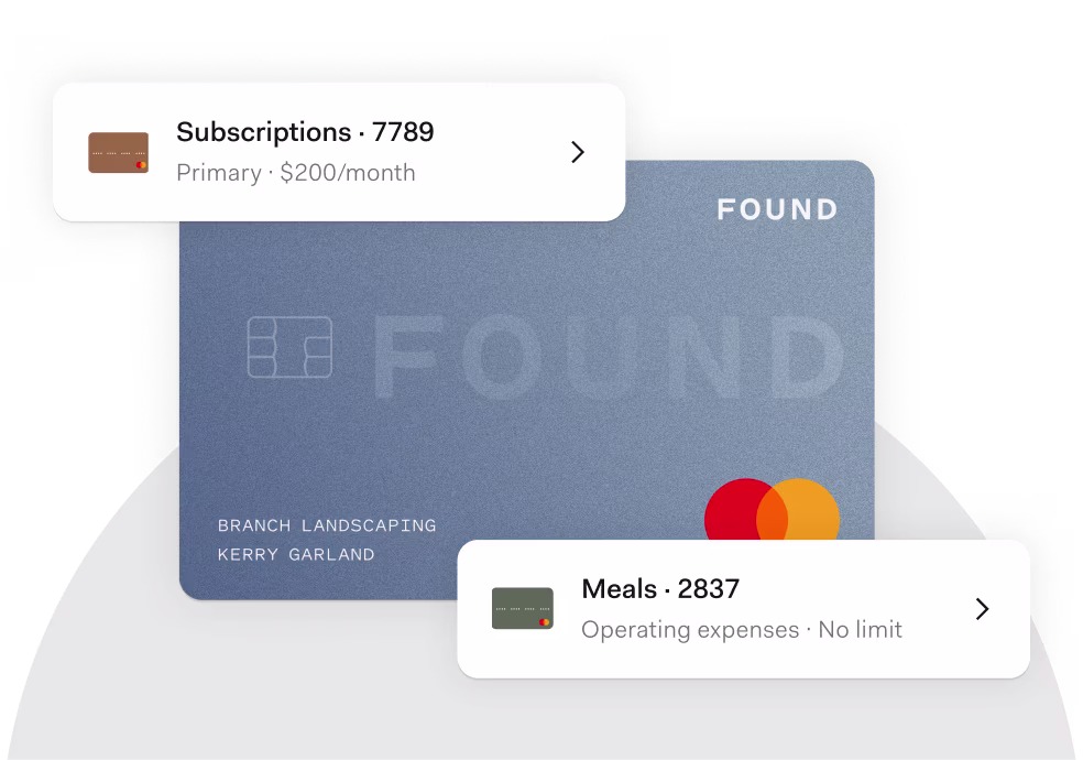 Blue Found card displayed with digital spending limits for subscriptions and meals, showcasing the app’s Pockets feature for budget control.