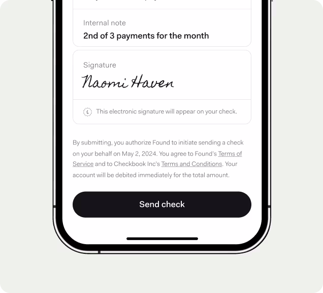 Mail paper checks through Found online business bank account