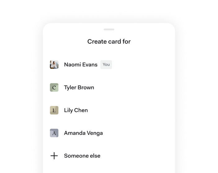 "Create card for" menu with team member names and an option to add an additional person in Found’s mobile app.