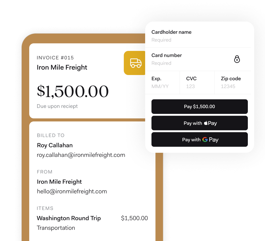 Found's invoicing feature shows a $1,500.00 invoice sent to a client for a Washington Round Trip transportation service, with a payment overlay offering multiple payment options including credit card, Apple Pay, and Google Pay.