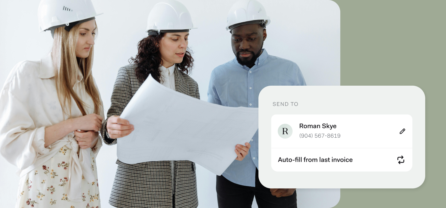 Desktop view of invoice auto-fill functionality highlighting recipient with pre-filled contact info.