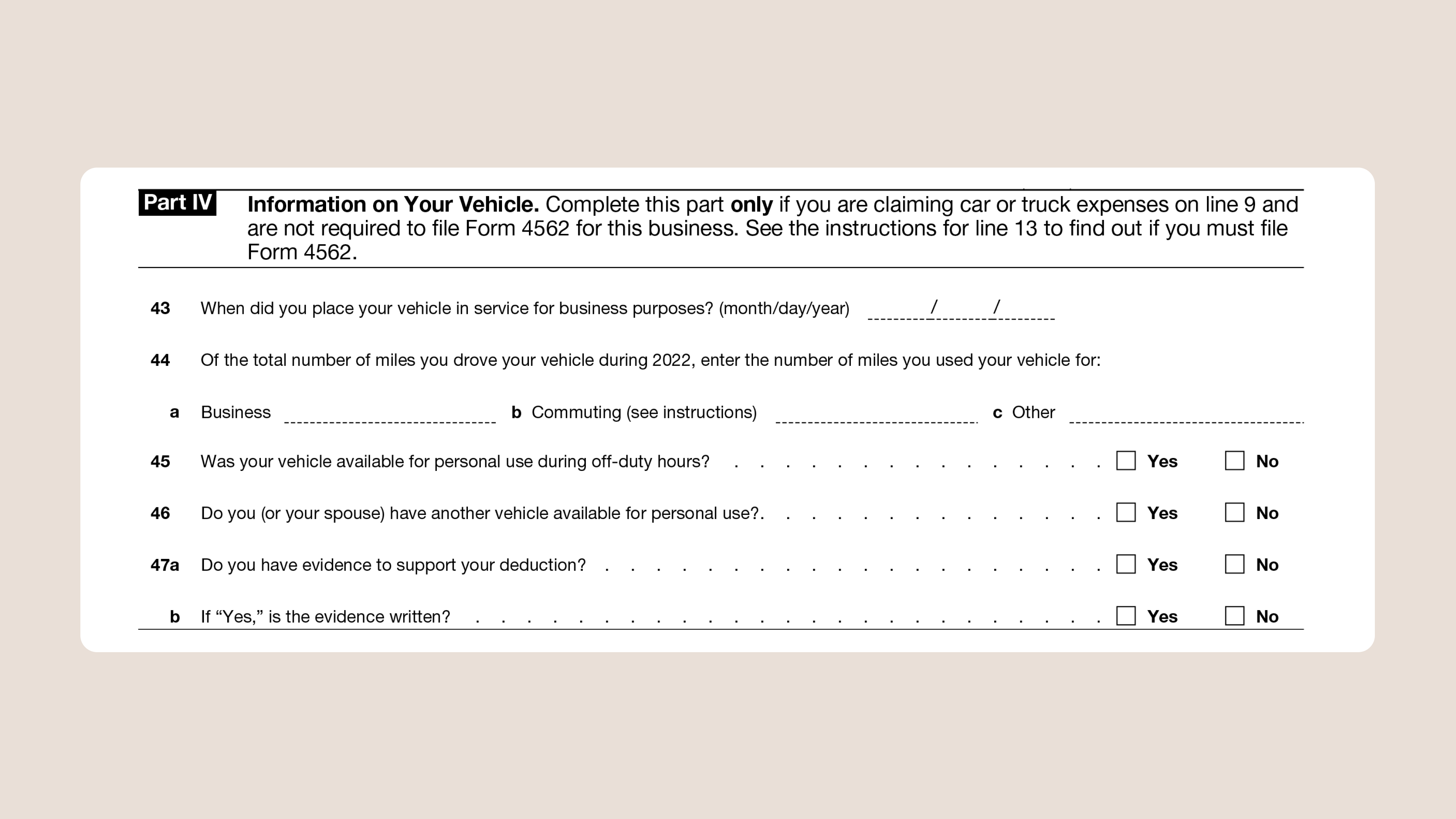 Schedule C Tax Form for Self-Employed Taxes Part IV Vehicle Information