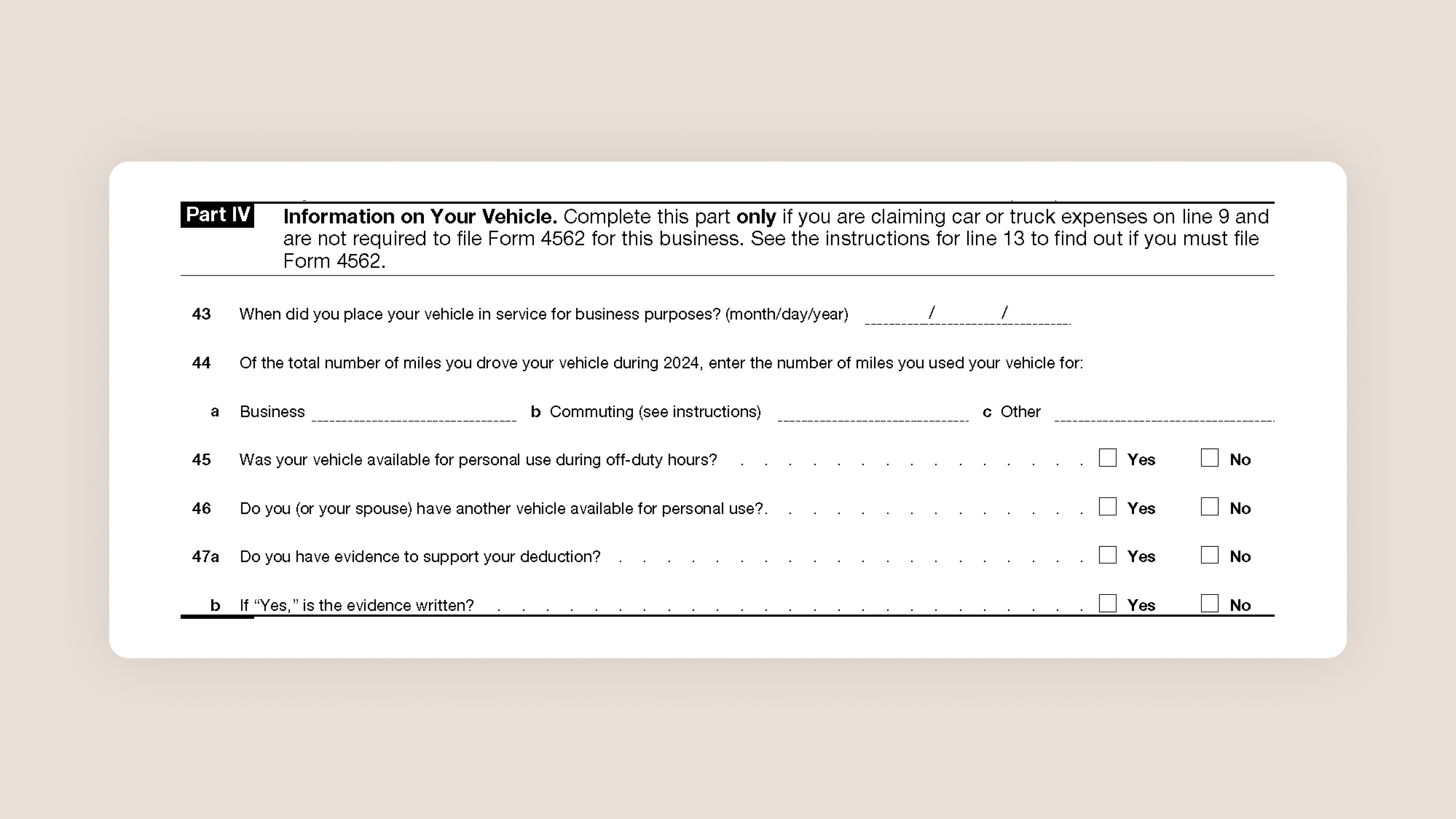 Schedule C Tax Form for Self-Employed Taxes Part IV Vehicle Information