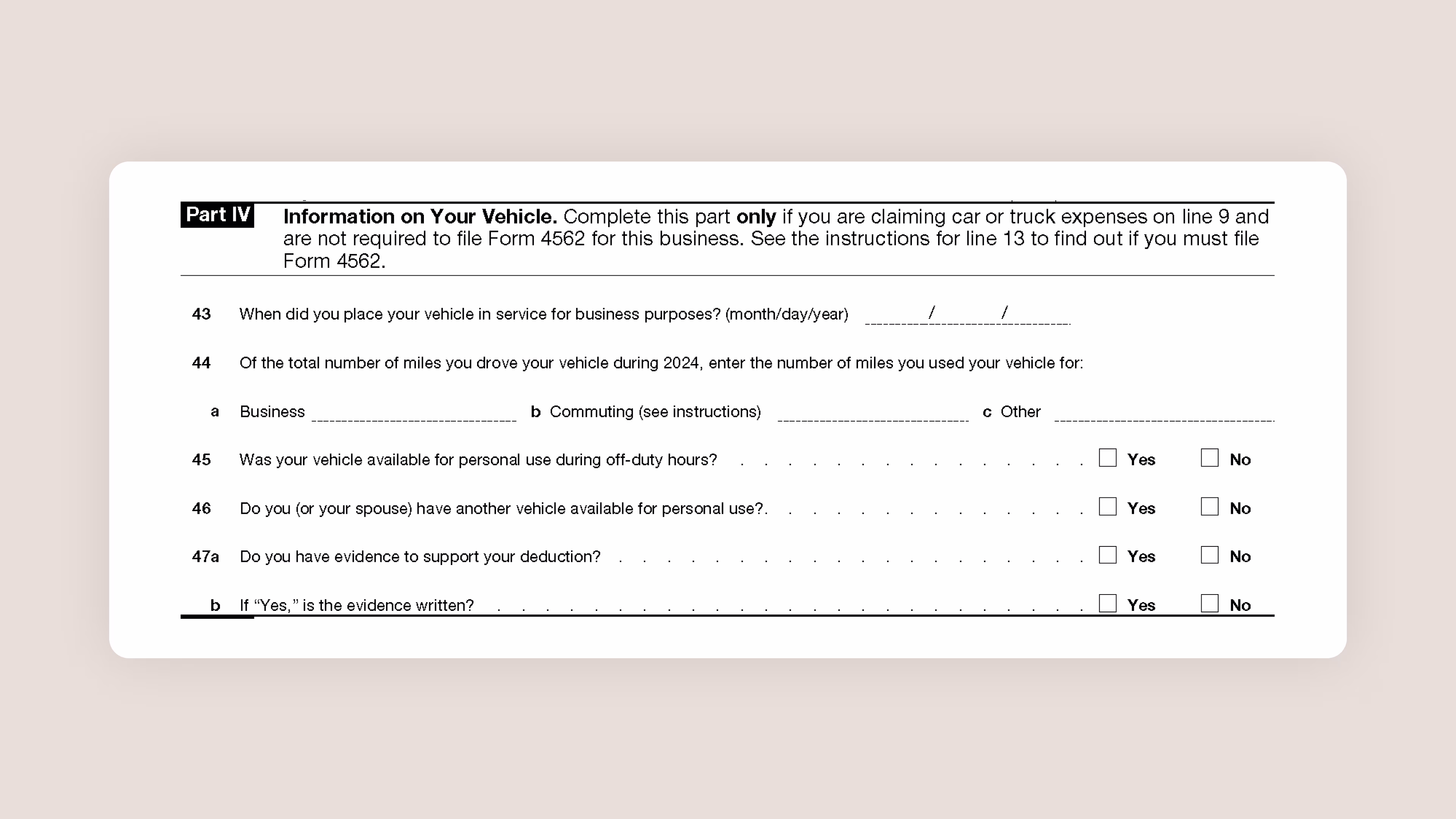 Schedule C Tax Form for Self-Employed Taxes Part IV Vehicle Information
