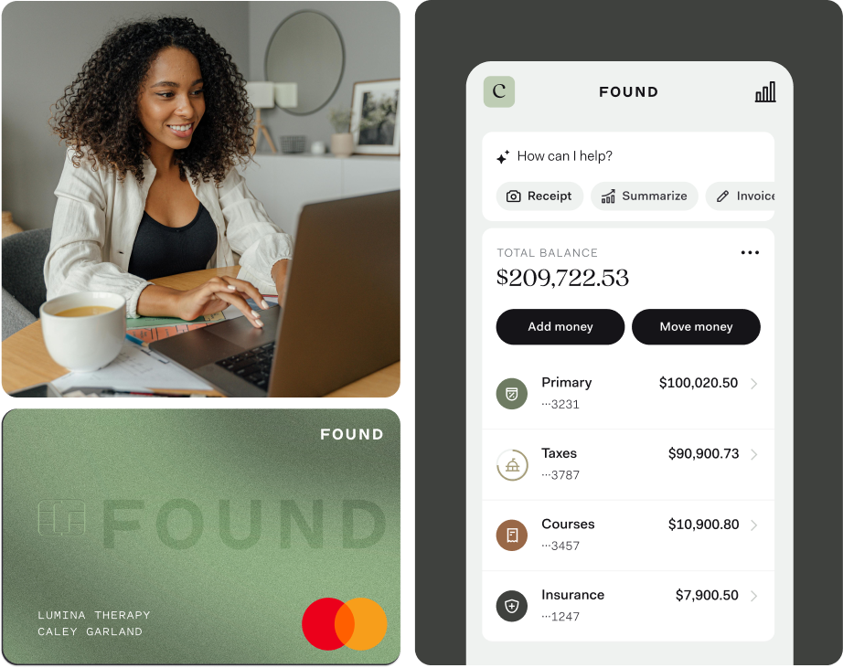 Three Found business debit cards labeled with different team member names—Tyler Brown, Lily Chen, and Amanda Venga—are shown overlapping. Circular profile photos appear next to each cardholder. A spending summary below shows a $3,000/month limit with $1,000 spent and $2,000 remaining. The image highlights Found's team card feature for managing shared team spending with individual controls.