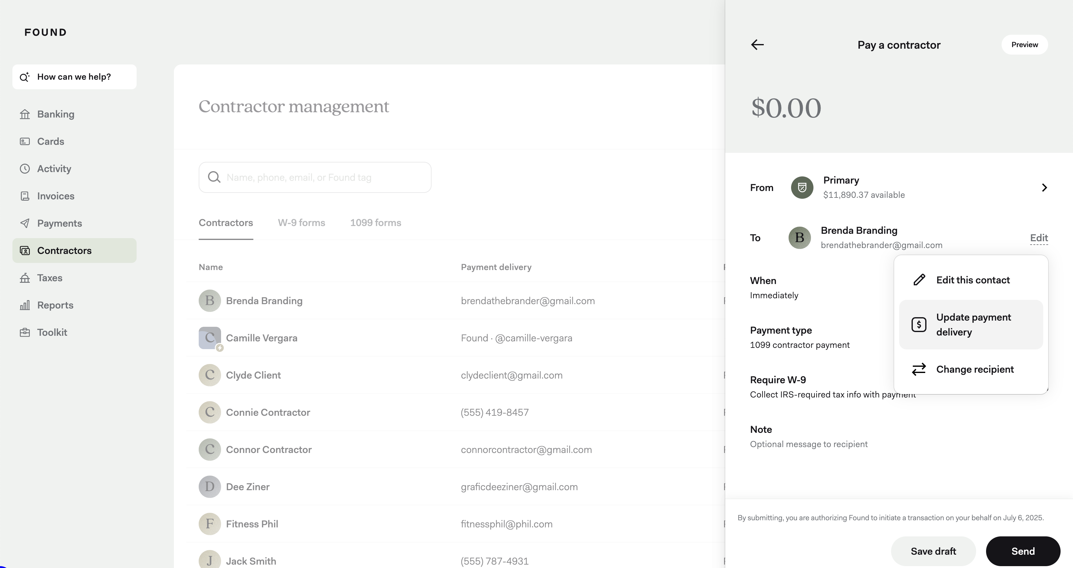 Screenshot of updating payment delivery for contractor