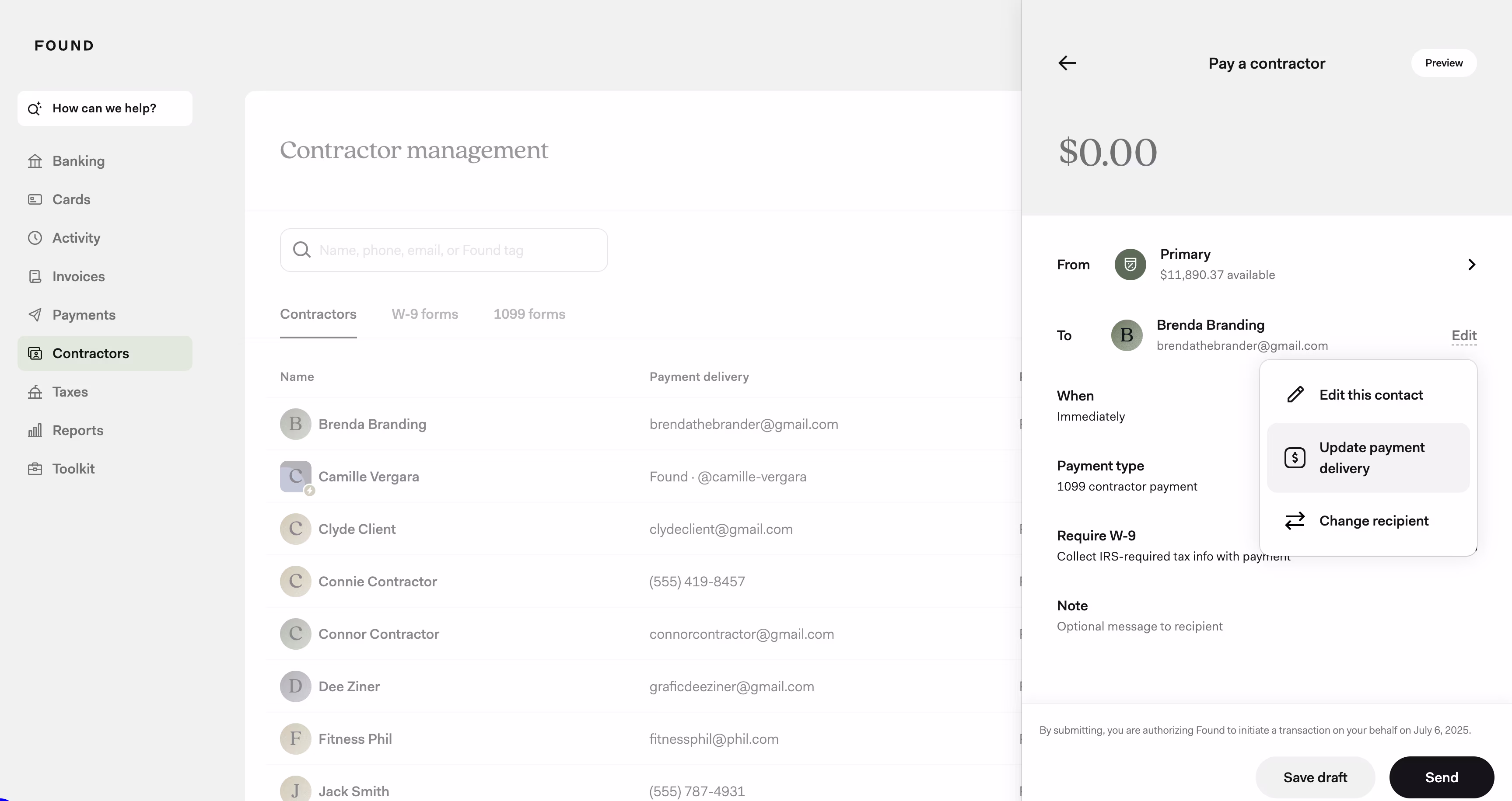 Screenshot of updating payment delivery for contractor