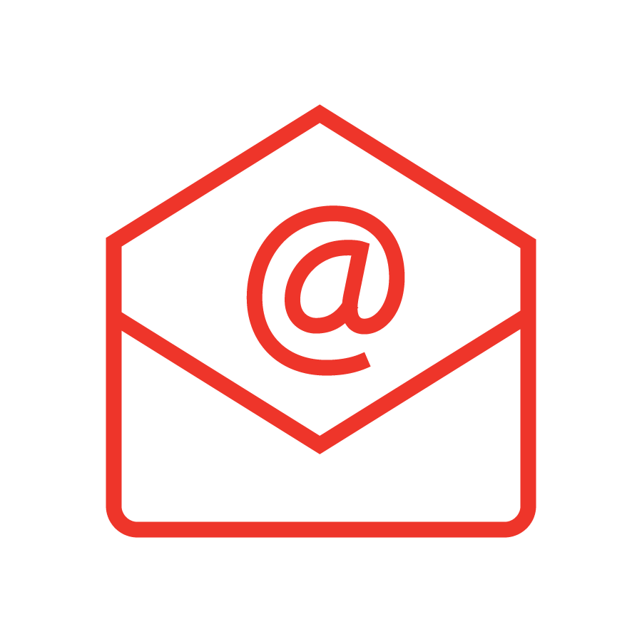 red icon of a open envelope with an email symbol on it