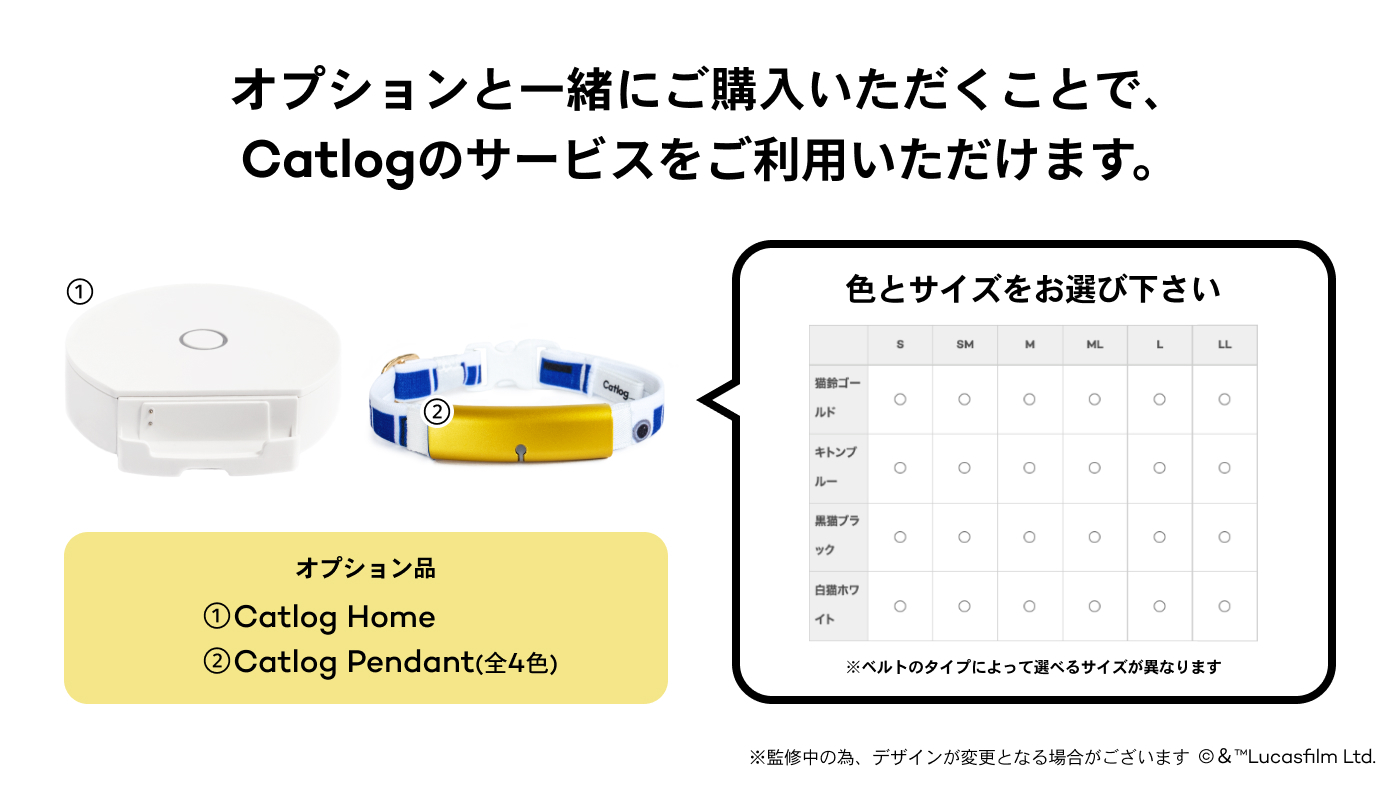 オプションと一緒にご購入いただくことで、Catlogのサービスをご利用いただけます。オプション品①Catlog Home ②Catlog Pendant（全4色） 色とサイズをお選びください