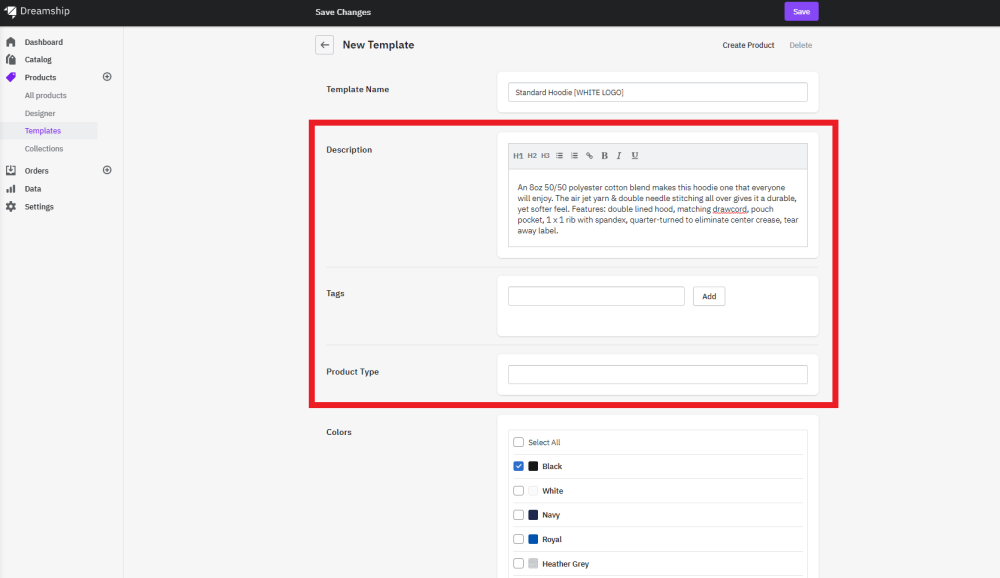 Adjust descriptions, add tags & product type