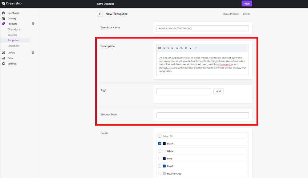 Adjust descriptions, add tags & product type