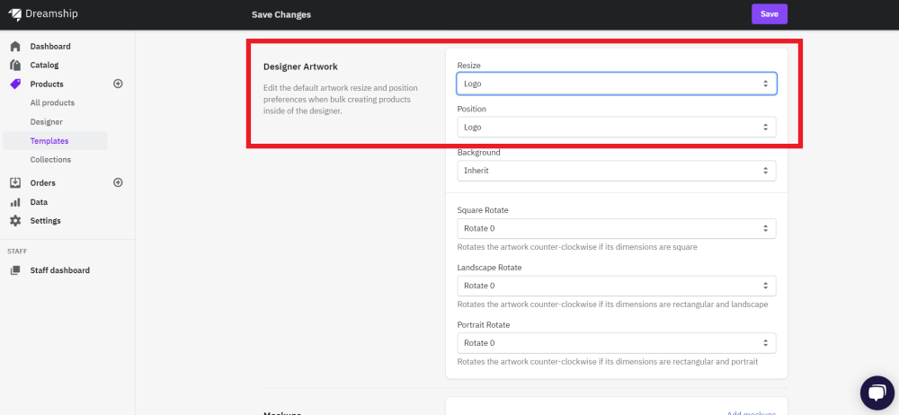 Select Position and Resize Settings