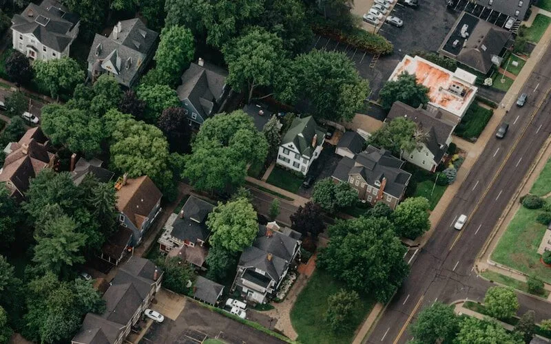 an aerial view of a neighborhood with a lot of houses