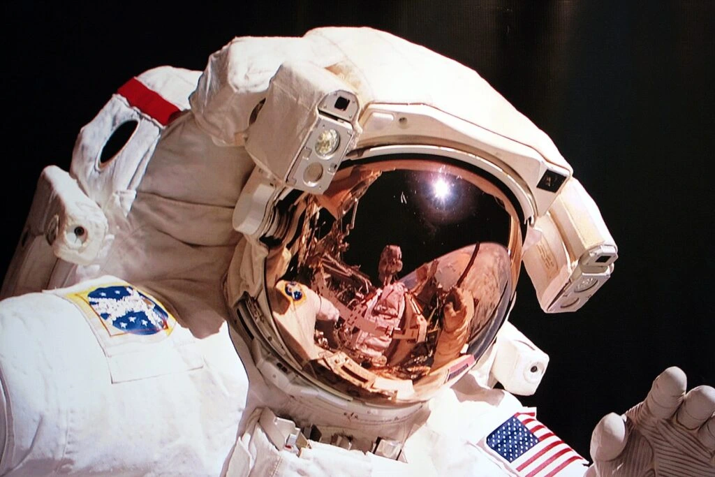 Close-up of the helment of a NASA astronaut suit on display at the National Air and Space Museum