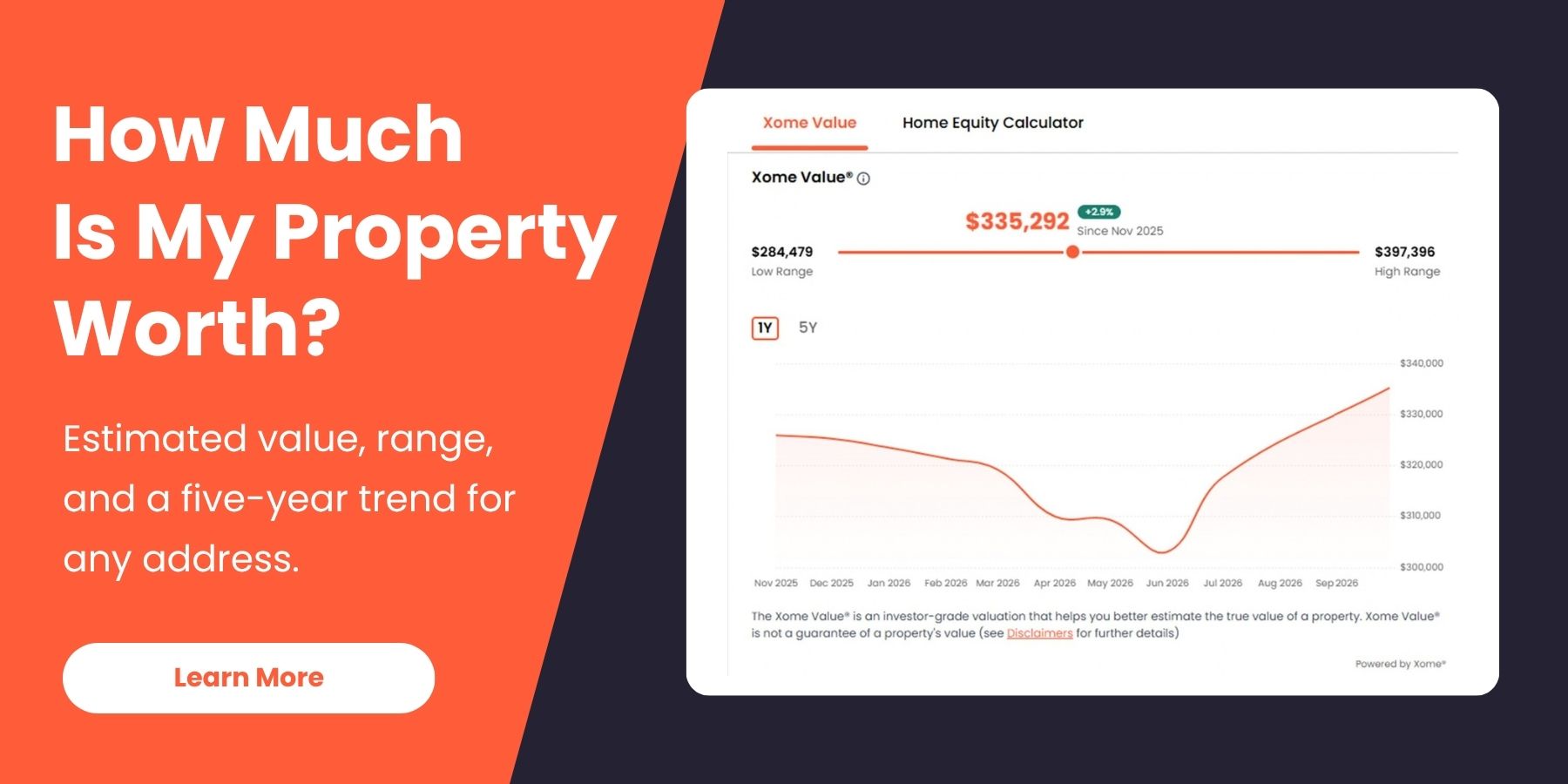 How much is my property worth? Estimated value, range, and a five-year trend for any address. Shown with a sample Xome Value estimate and price chart.