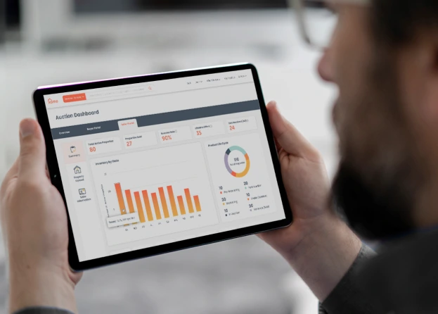 Man with a beard looking at a tablet that displays graphs titled Auction Dashboard