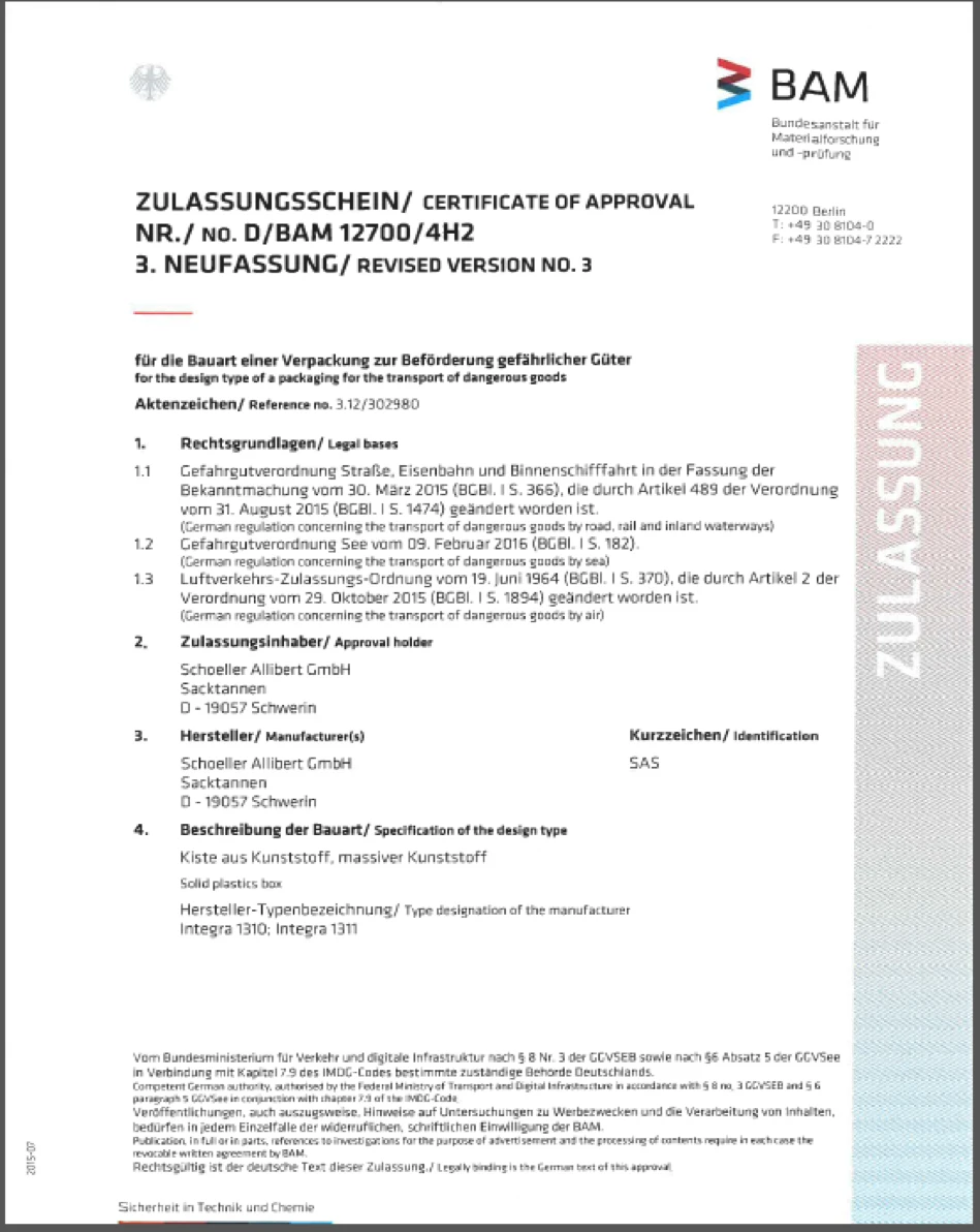 The two models of Integra ALC 250mm and 300mm high are now UN certified for transport of hazardous goods