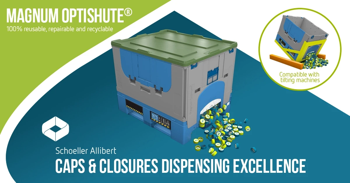 There are many reasons why Magnum Optishute® is the best-in-class bulk dispenser for the caps & closures industry. It is 100% reusable, repairable and recyclable – in a word: sustainable. It is stackable, foldable and ergonomical – in short: easy to use. And there is more.