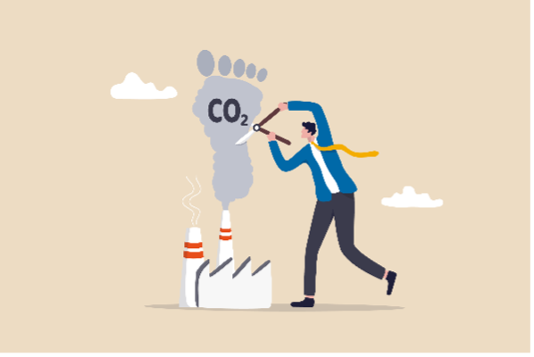 Person with scissors and a CO2 footprint cloud