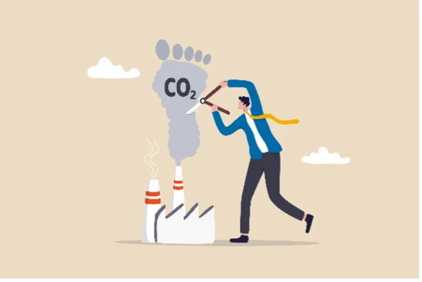 Persoon met een schaar en een CO2-voetafdrukwolk