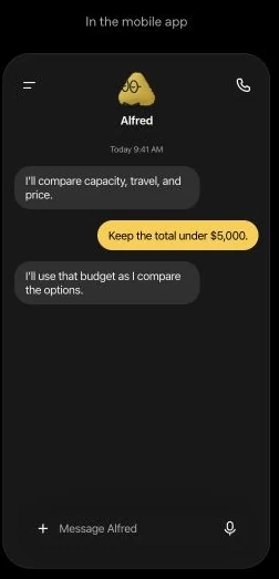 OpenAI mobile example in which an owner asks Alfred to keep a comparison below a $5,000 budget.