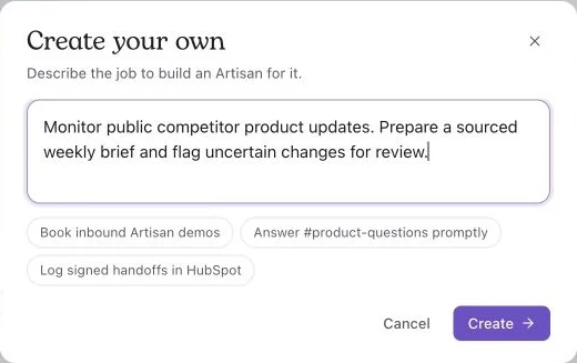 Artie custom employee form containing a brief for a sourced weekly competitor update.