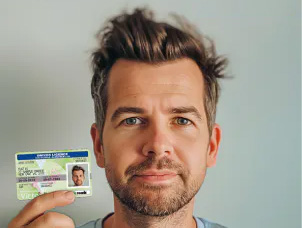 Man taking selfie while holding ID to camera