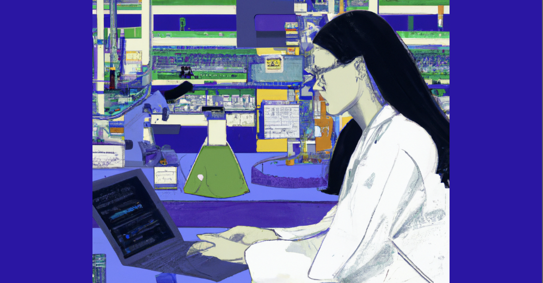DALL·E realistic sketch of a women in biotech R&D lab creating a computer program with beakers, experiments, lab robotics, DNA models in the backgrounds